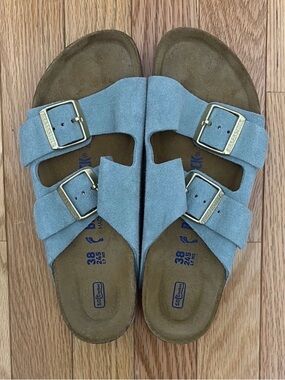 Light Blue Suede Double-Buckle Slide Birkenstock Sandals